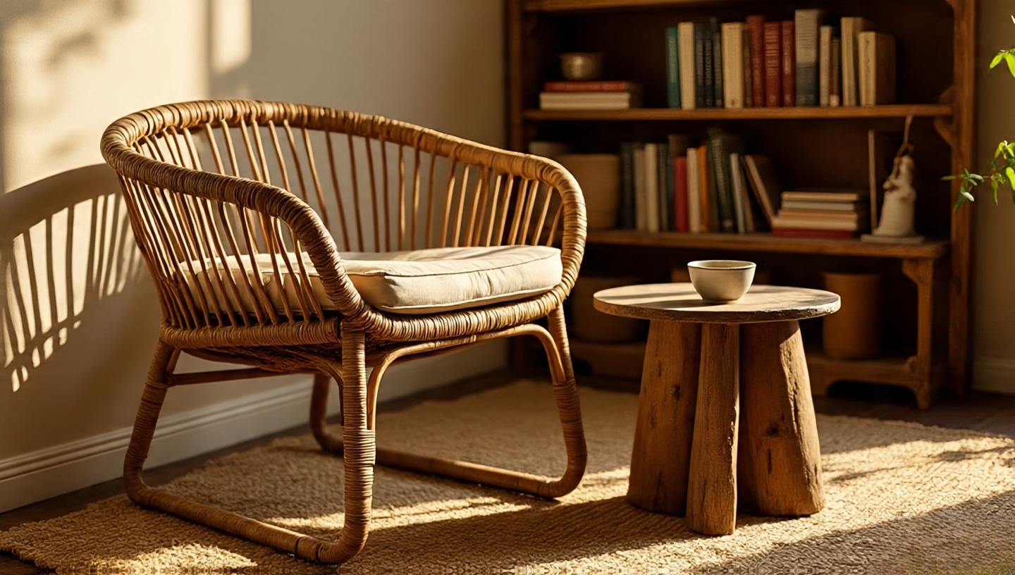 Intimate reading nook with weathered rattan chair, reclaimed wood side table with cup ring, and jute rug showing lived-in patina