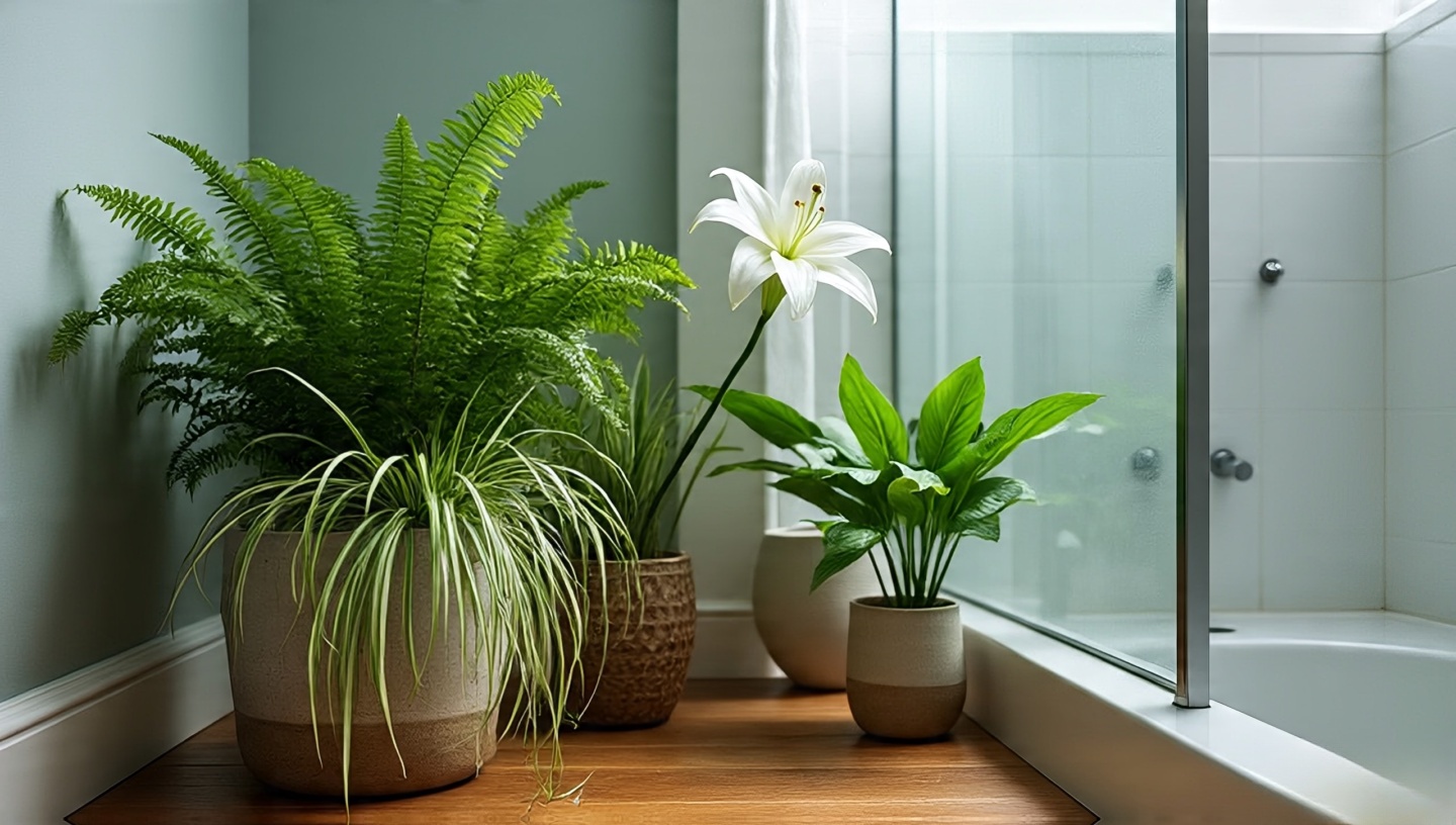 Ferns, spider plant, and peace lily thriving in steamy bathroom