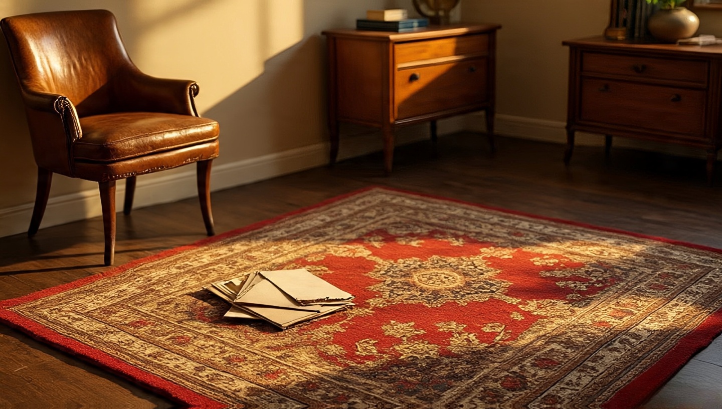 Character-rich secondhand mix: vintage rug, patinated leather chair, solid wood side table with tight joints