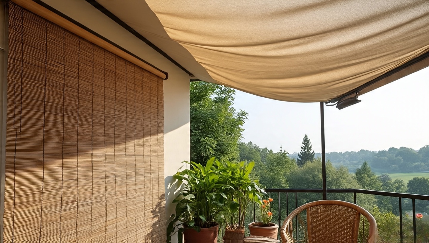 Bamboo roll-up shade and simple canvas canopy providing soft shade over woven chairs and plants