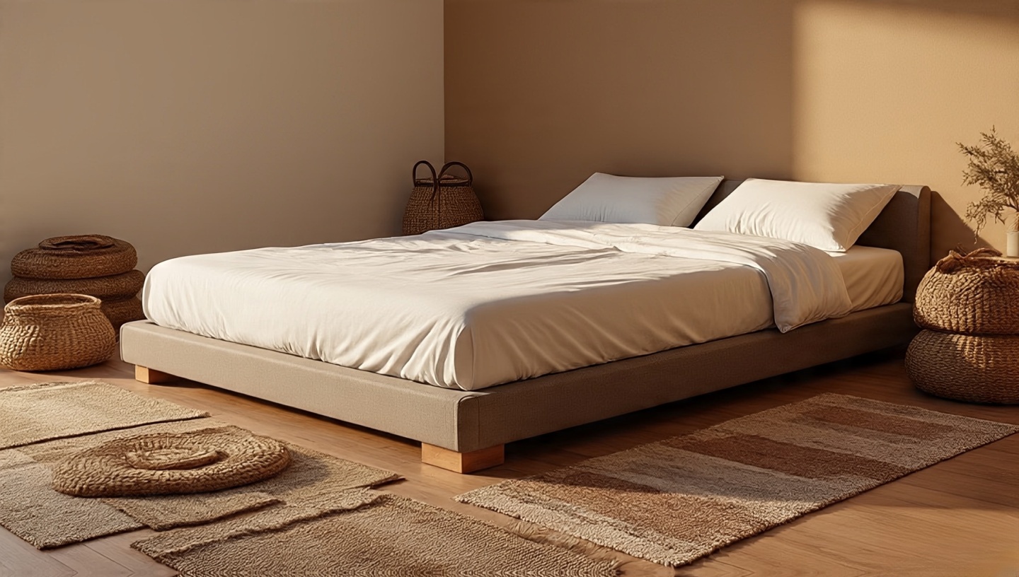 Low platform Bohemian bed surrounded by layered rugs and woven baskets for a grounded feel