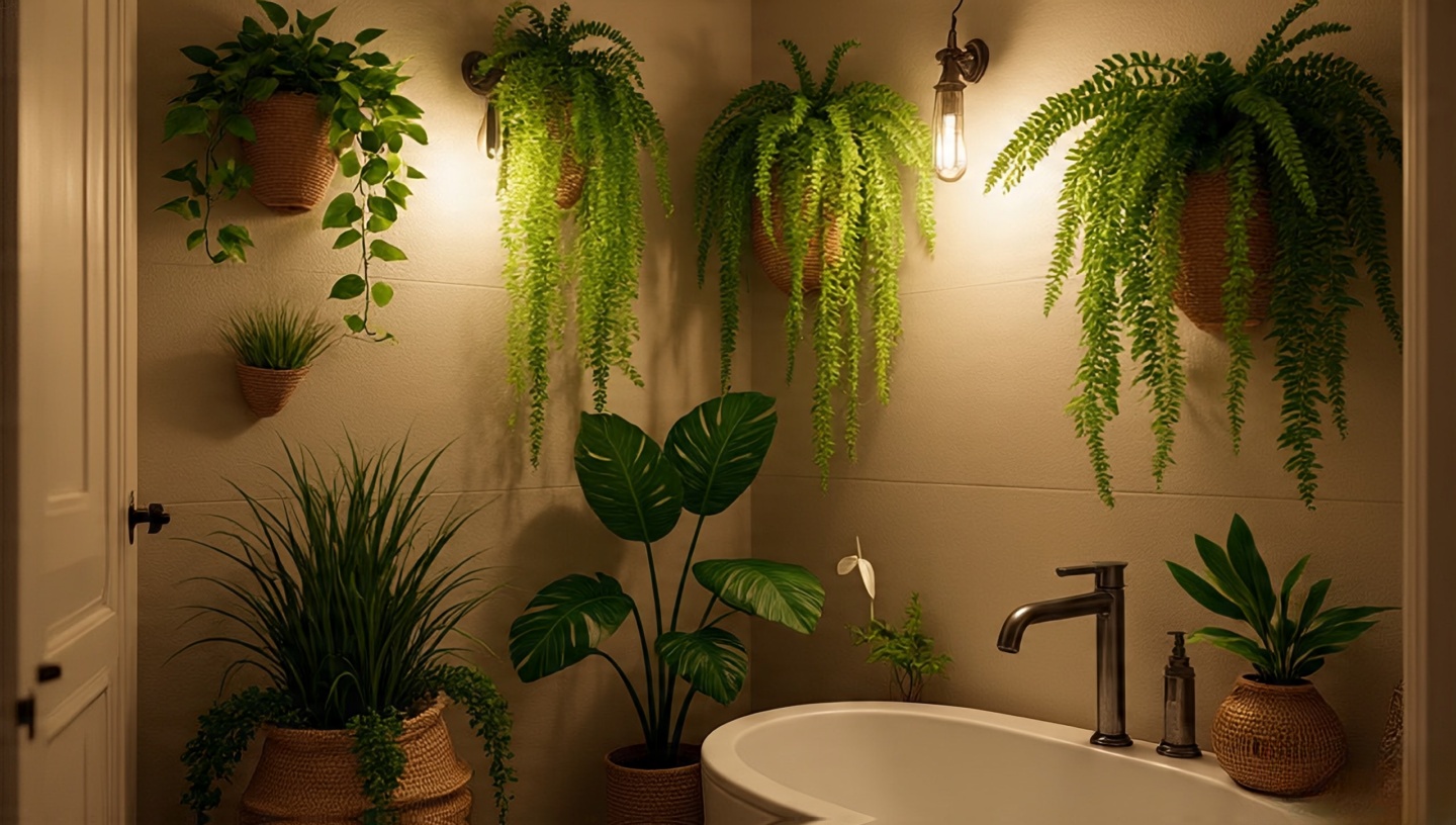 Serene bathroom corner with calming greenery and warm lighting, illustrating stress-reducing effects of plants