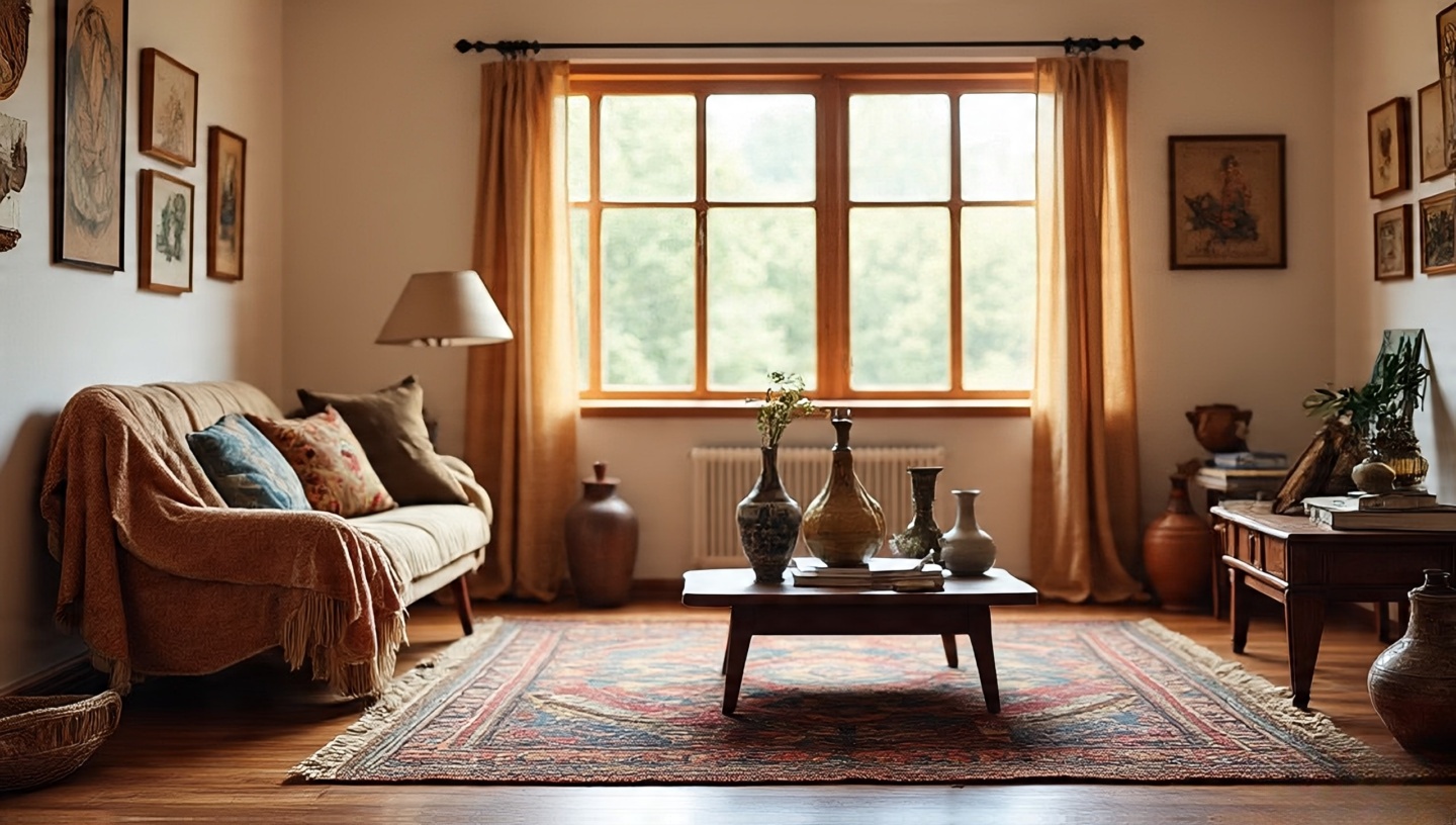 Warm Boho living room with slightly tilted rug and casually draped throws embracing imperfection
