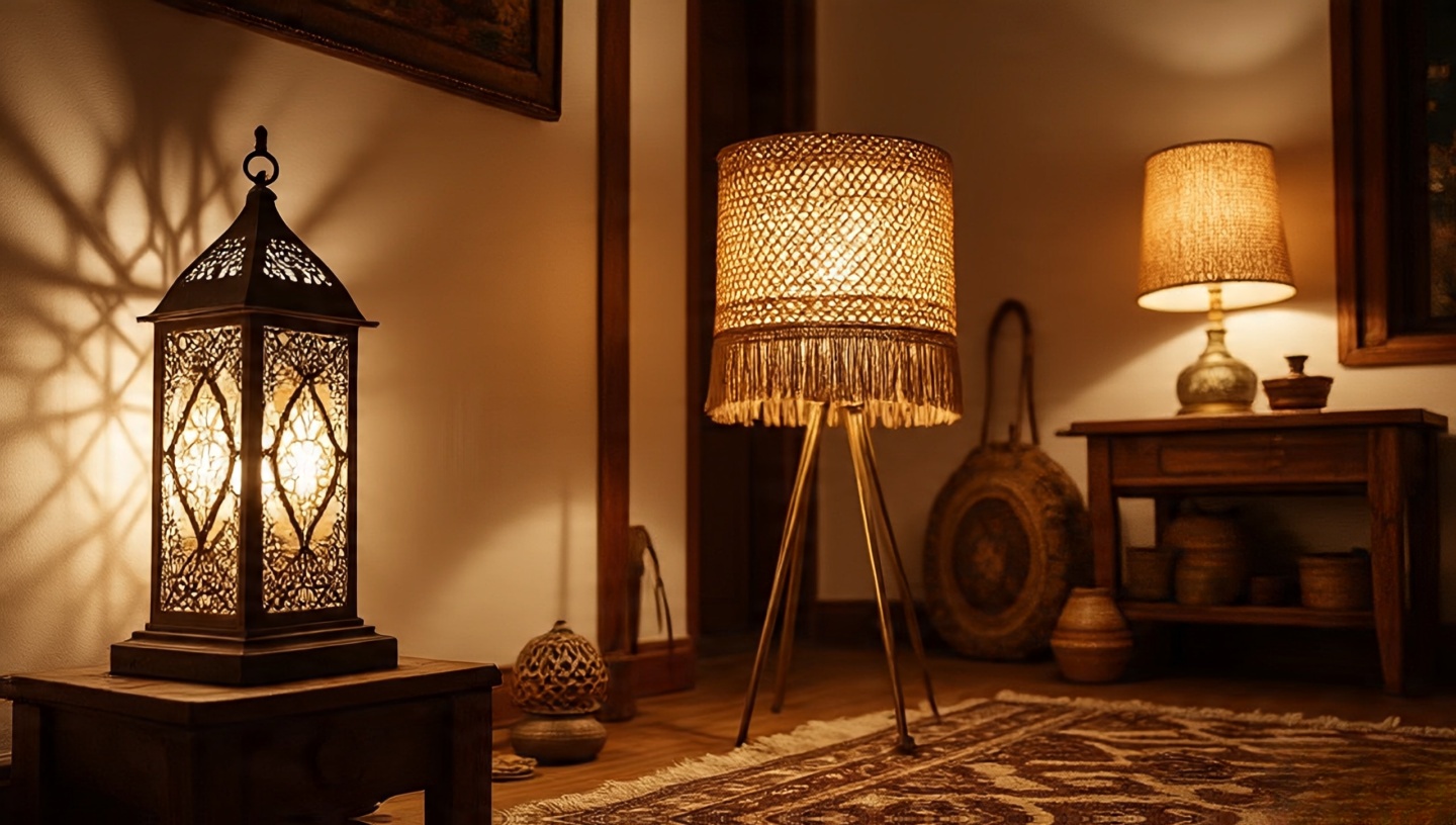 Boho living room at night with layered warm lighting, Moroccan lantern patterns, rattan pendant and candles creating cozy atmosphere