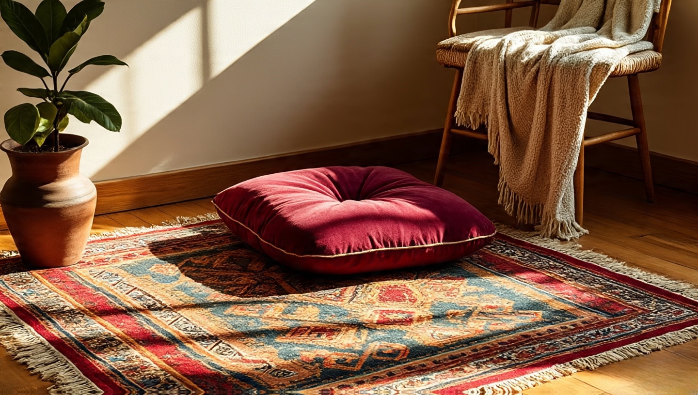 Cozy Bohemian corner with Moroccan kilim, velvet cushion, and wool throw showing layered textures