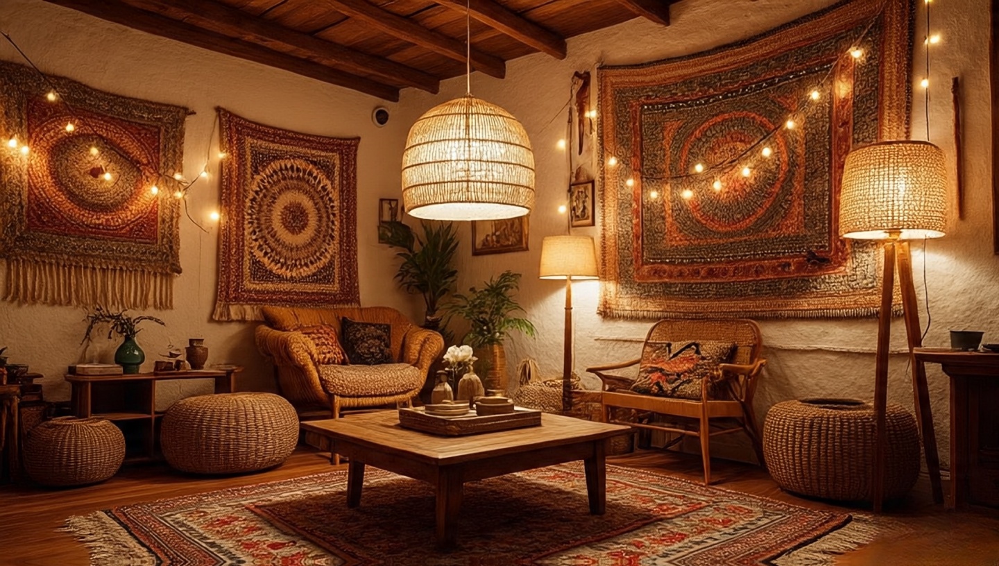 Boho living room with layered ambient task and accent lighting using rattan pendants brass lamp and string lights