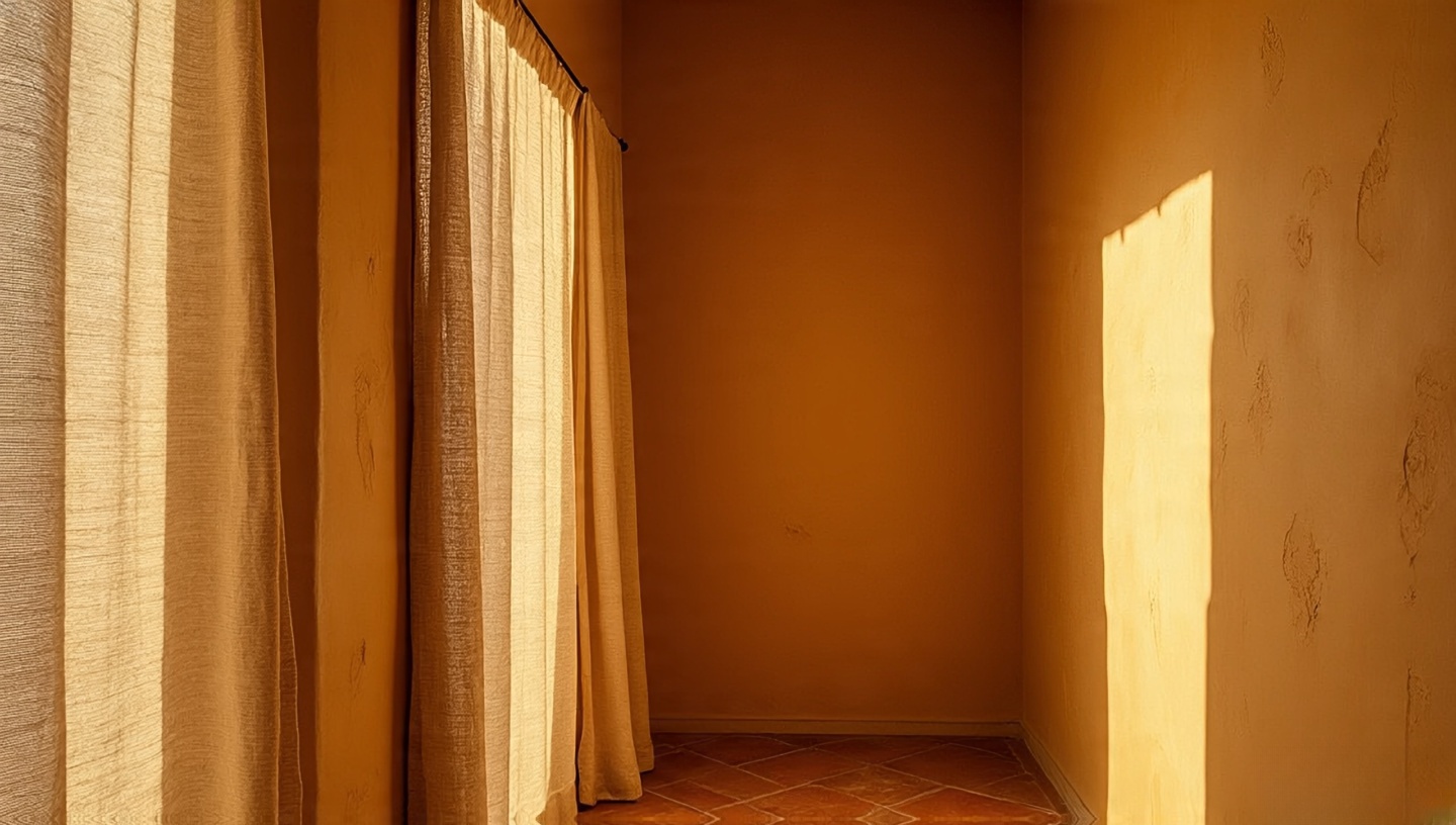 Bohemian hallway with ochre limewash walls and linen curtains, clay paint texture
