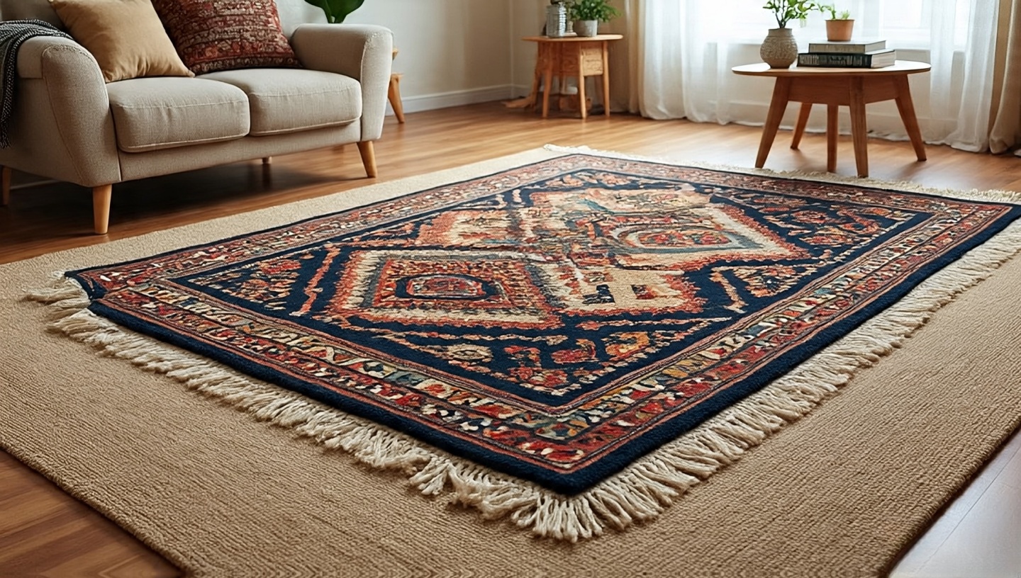 Layered Boho living room with a large jute base rug and a smaller Moroccan wool rug with fringe, centered under seating