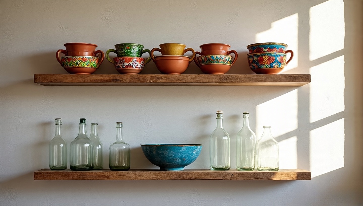 Boho kitchen open shelves with terracotta mugs, handmade bowls, and clear glass catching sunlight