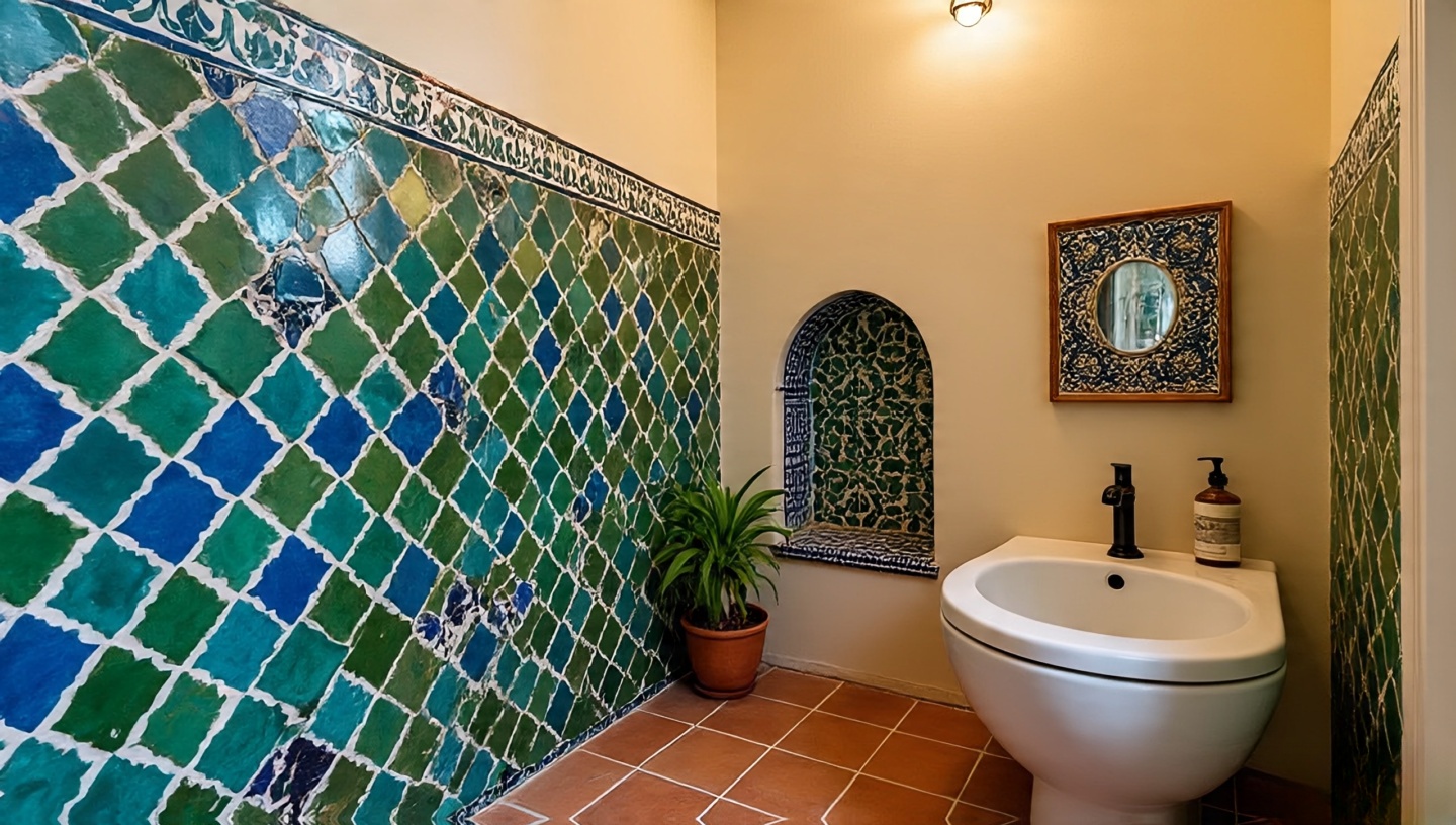 Small bathroom corner showcasing Moroccan zellige tiles and Boho mood