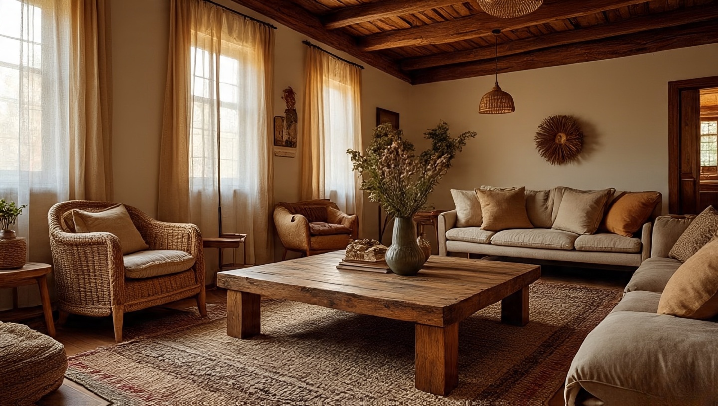 Boho living room with jute rug, rattan chair, cane cabinet, and reclaimed wood table in golden hour light