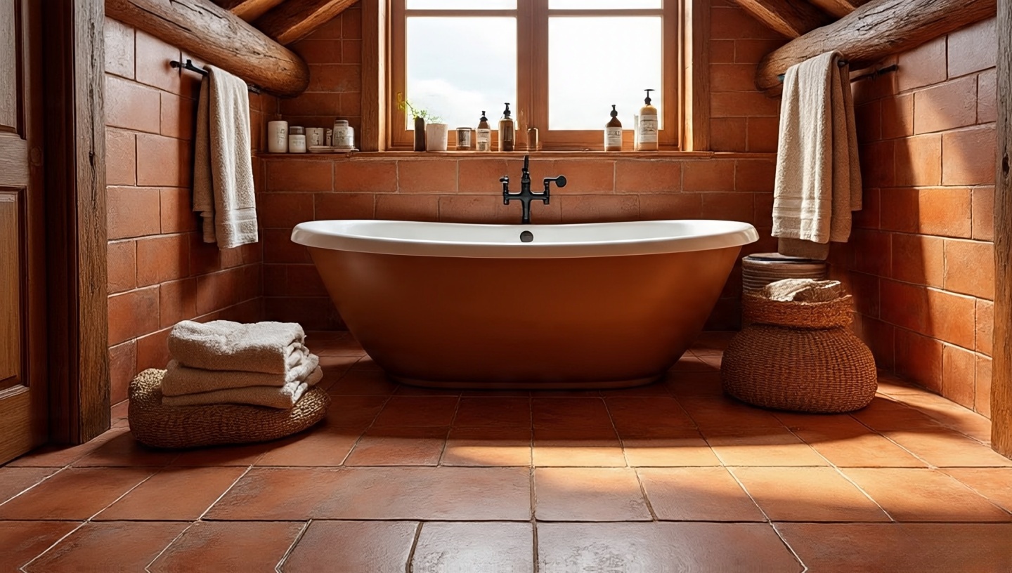Boho bathroom with terracotta floor tiles and warm earthy palette