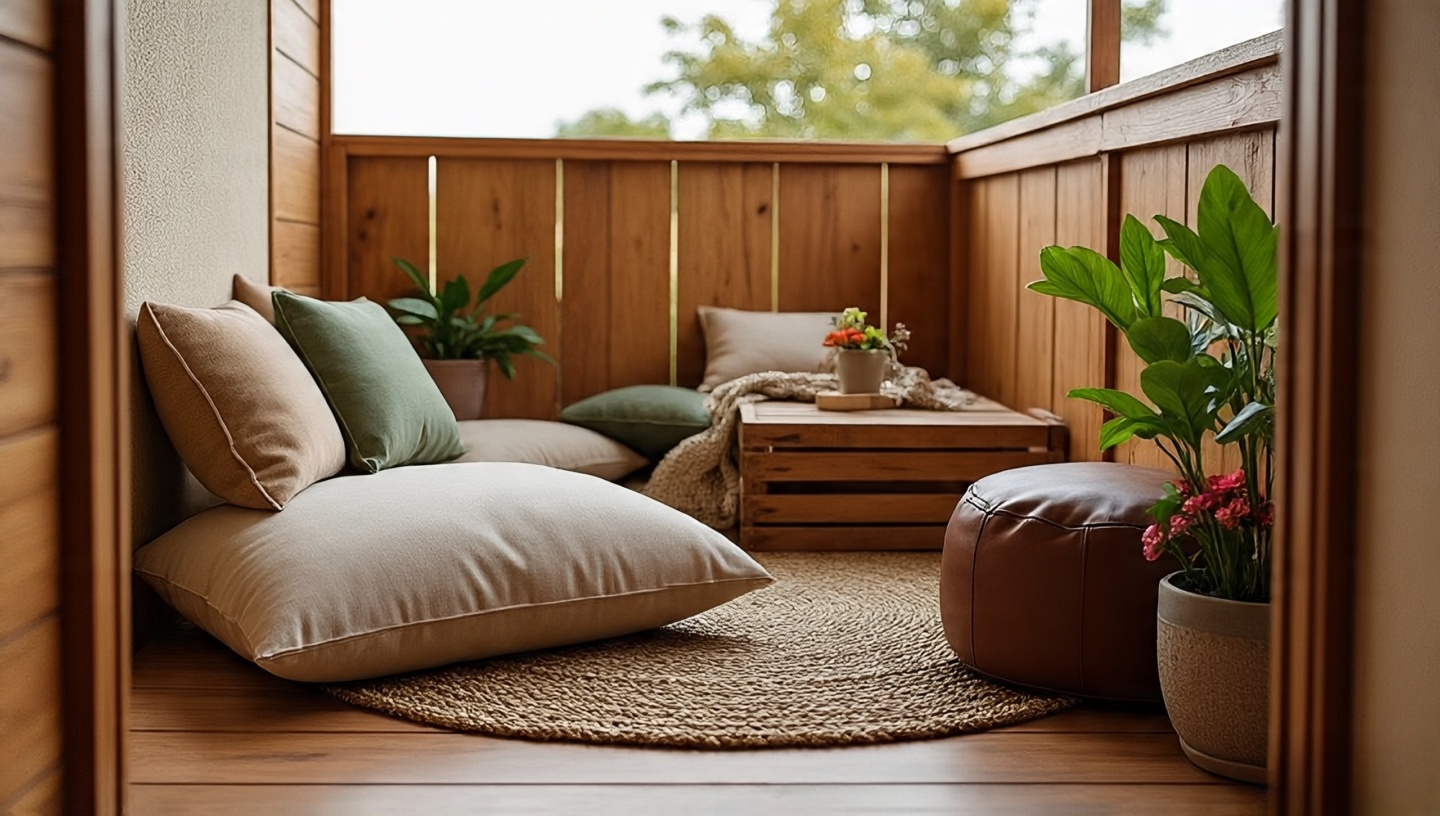 Boho balcony floor seating with layered jute rug, kilim cushions, leather pouf and low wooden crate table