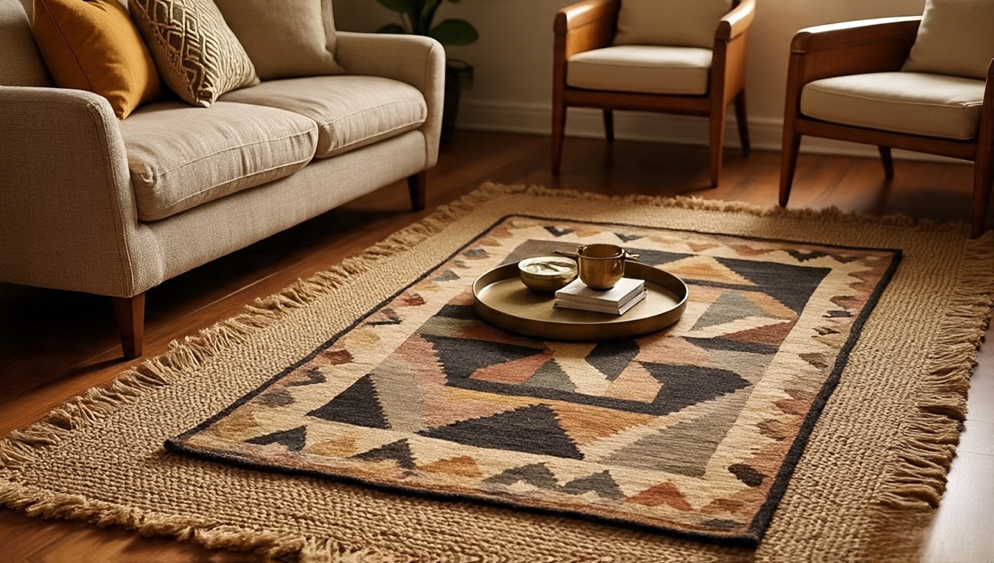 Bohemian living room with layered jute base rug and geometric kilim, front legs of seating on rug for proper zoning
