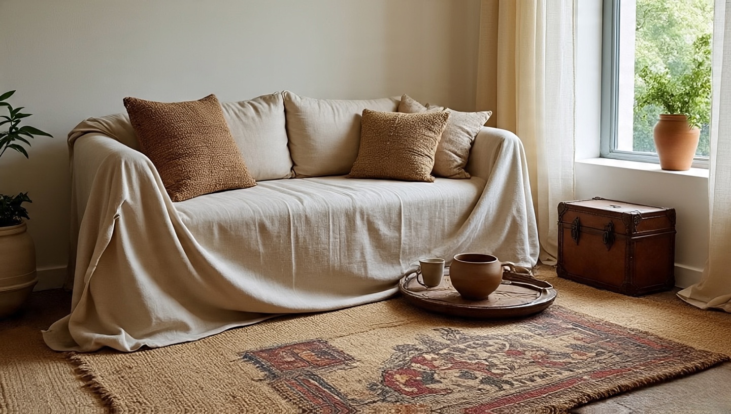 Bohemian living room with rounded-arm linen sofa floated off the wall, layered jute and kilim rugs, and soft edges for a calm anchor