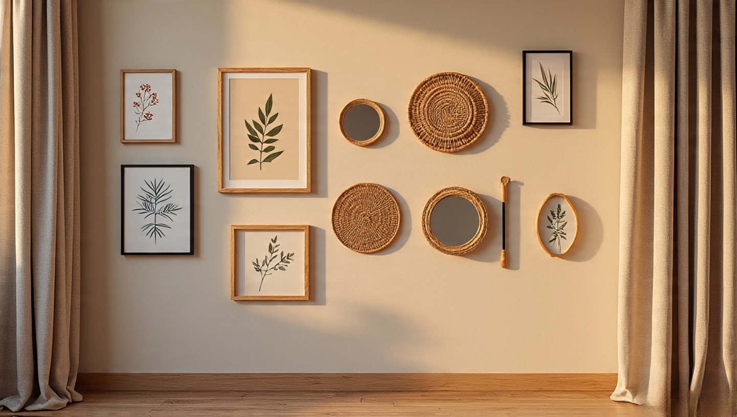 Boho gallery wall with mixed oak and black frames, rattan mirror, floated deckle-edge art and woven accents with relaxed spacing