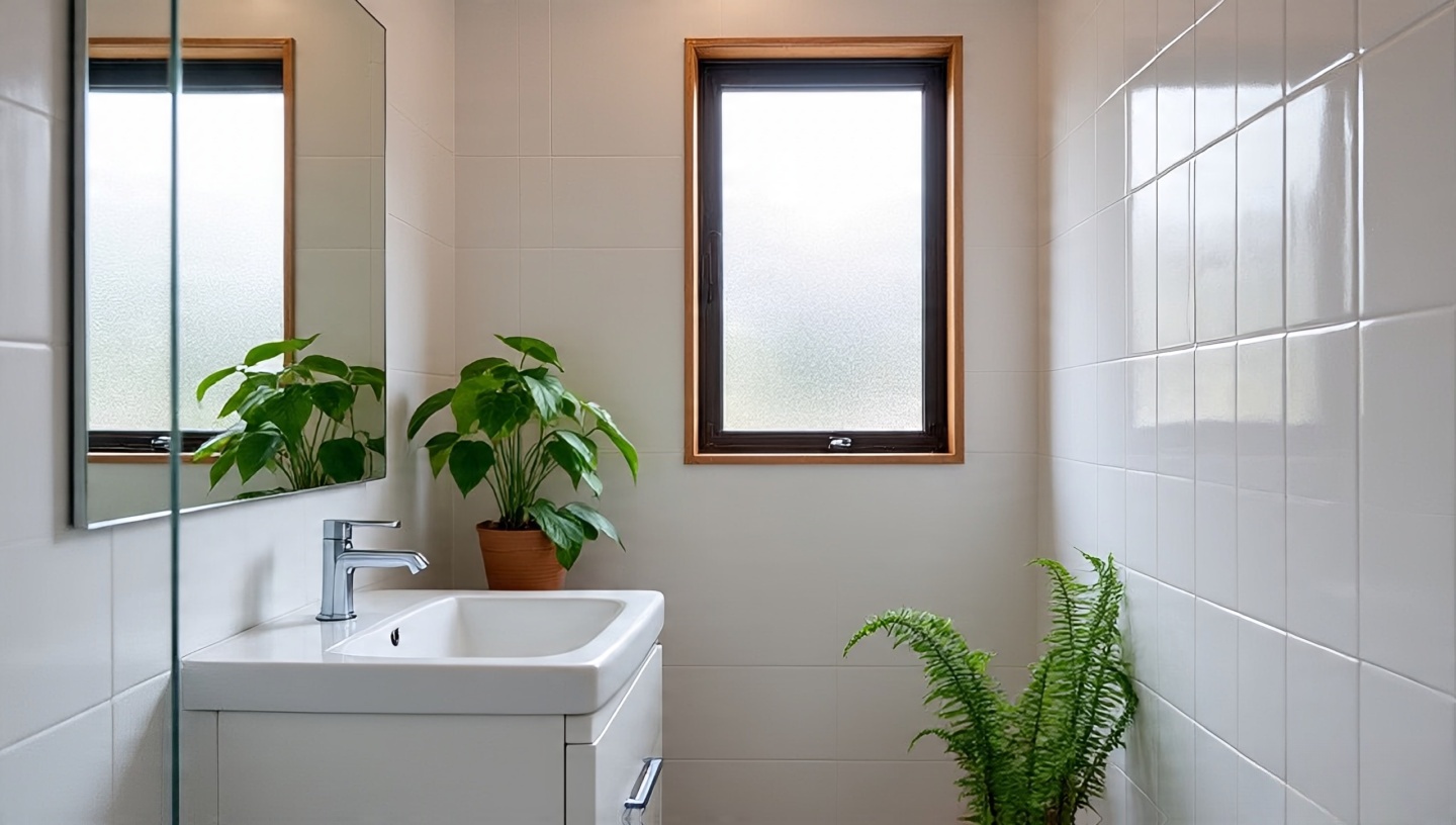 Why bathrooms are good for plants: frosted window, humid air, pothos on vanity and fern in corner creating a fresh spa-like space