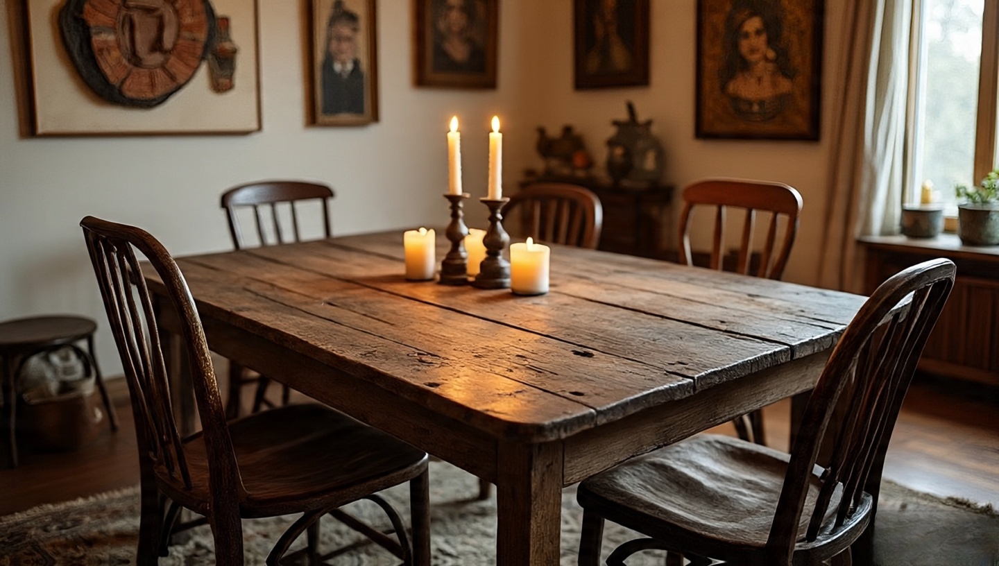 Reclaimed wooden dining table with patina and mismatched rustic chairs creating a warm Boho dining scene