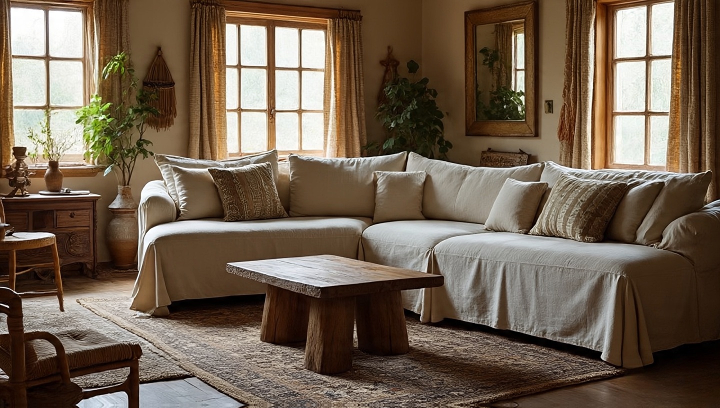 Boho living room with linen slipcover sofa as the heart of the space, layered cushions and rustic coffee table