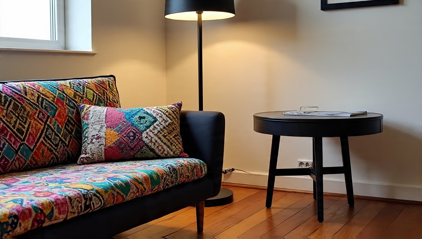 Matte black floor lamp anchoring colorful Bohemian living room palette