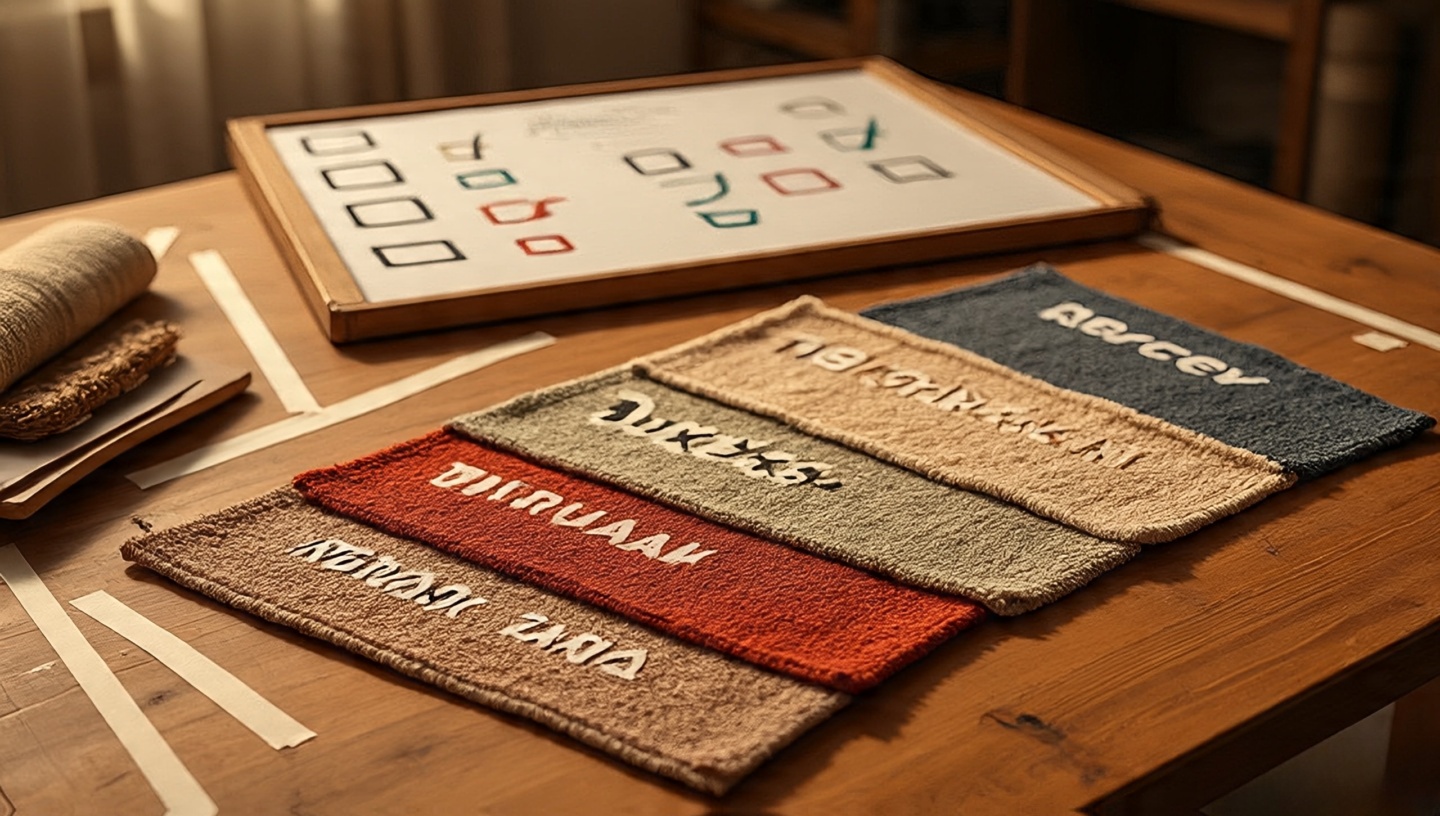 Project board with checklist, painter’s tape rug outline and labeled Moroccan, Turkish, Indian and Berber samples