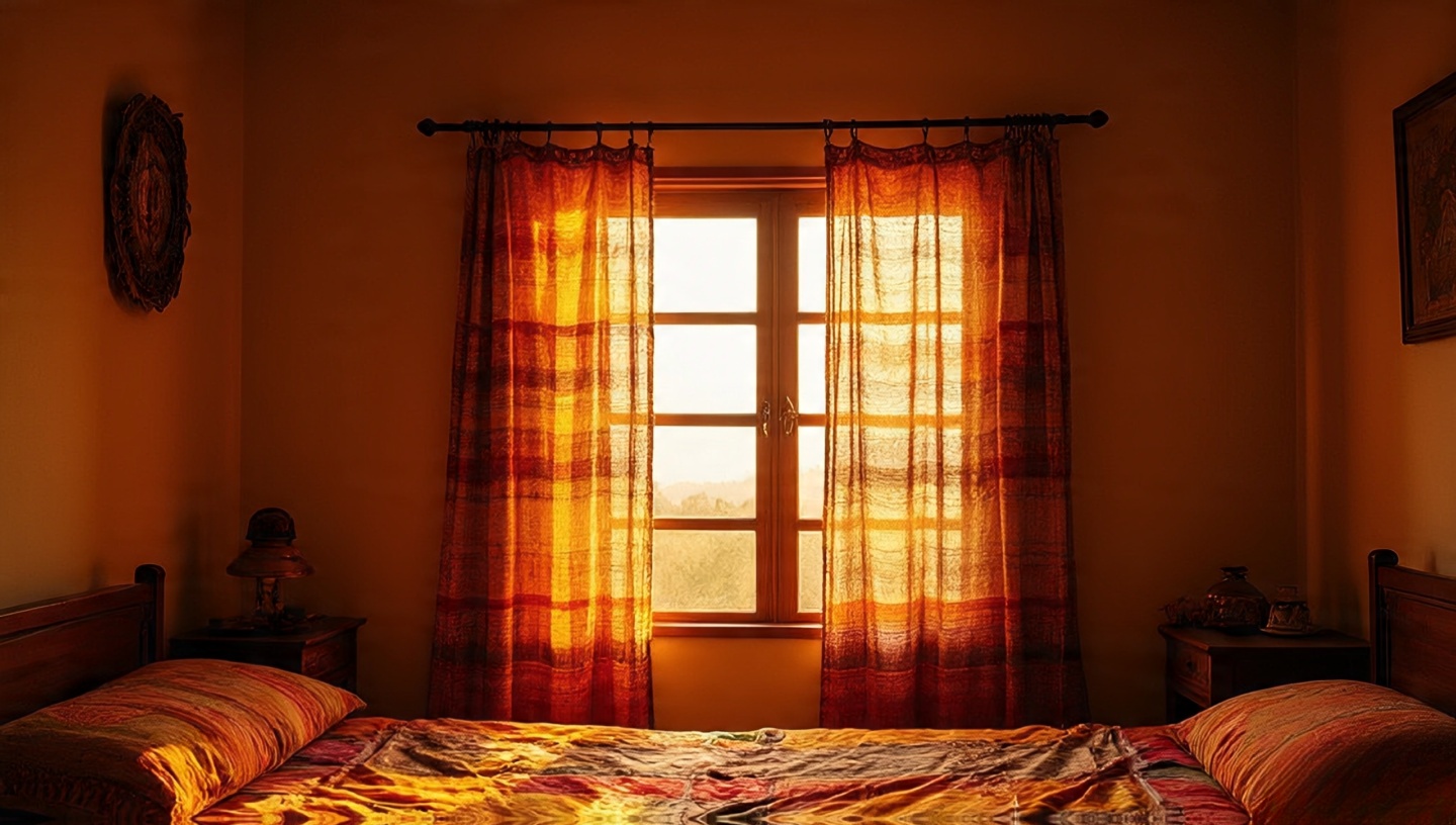 Sunlit recycled sari curtains glowing beside a rustic wooden window in a Bohemian bedroom