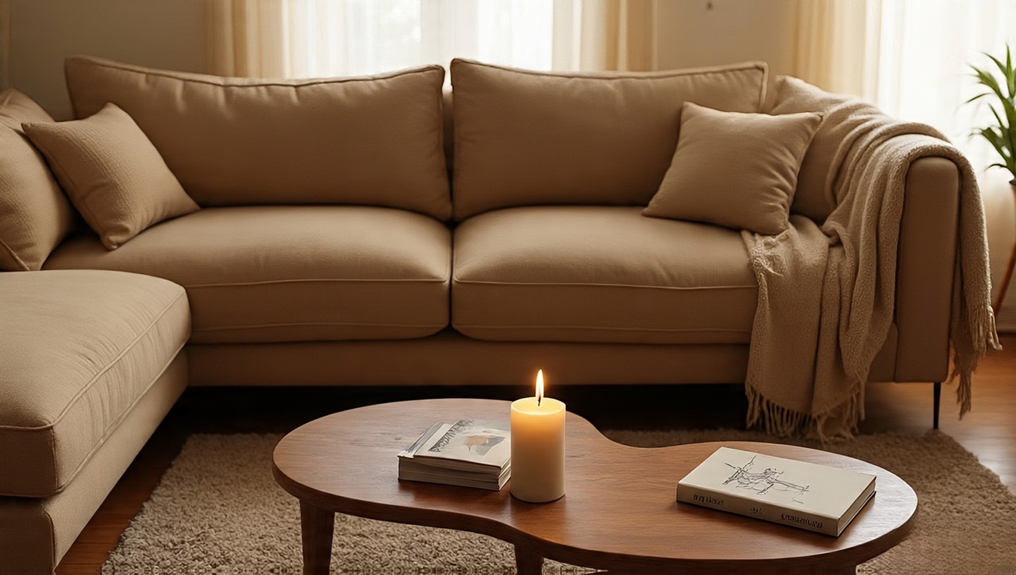 Boho sofa and coffee table using intentional negative space with only a candle and book