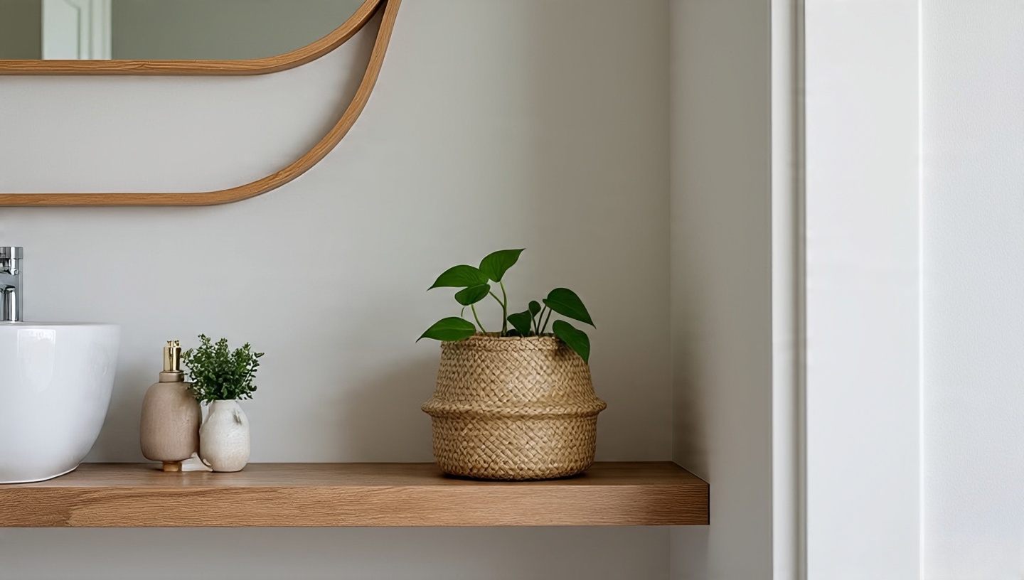 Beginner-friendly bathroom plant setup with a single pothos in a woven basket and open space for future additions
