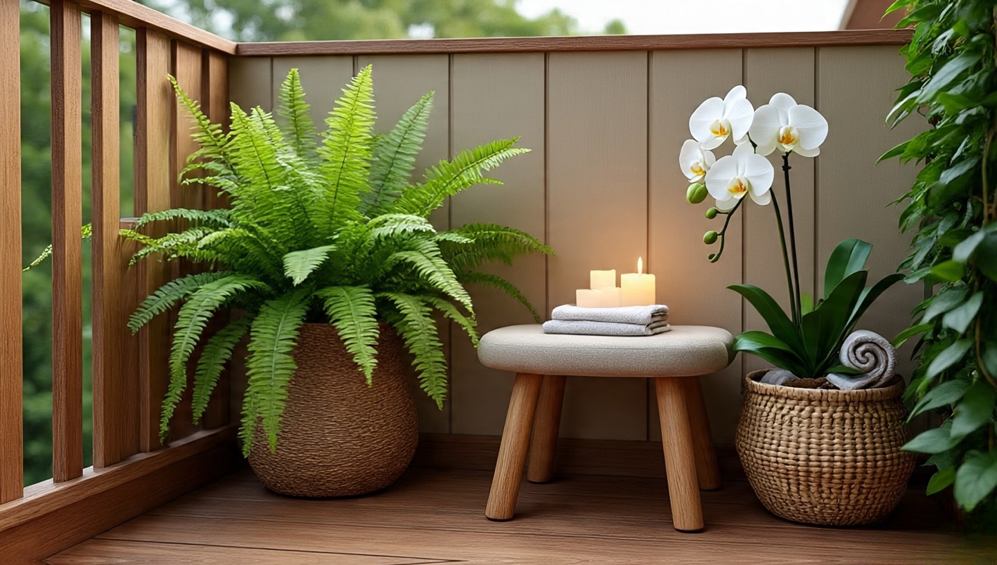 Balcony corner with steam-loving ferns and orchids, small stool with candles and woven basket of rolled towels