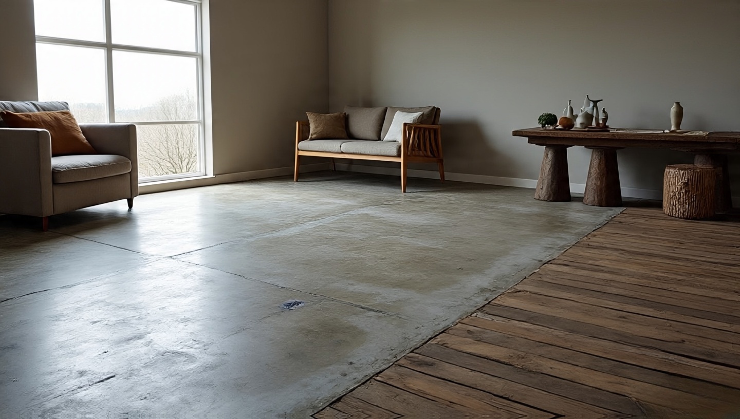Imperfect floors featuring raw concrete pour lines and matte-sealed worn wood embracing natural character