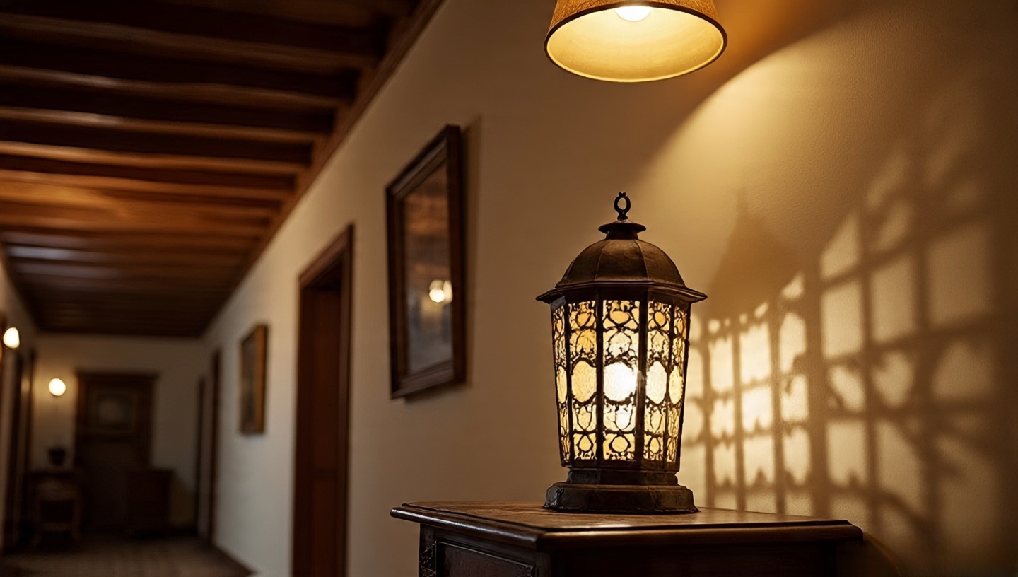 Hallway with oak beams and golden pendant lamp casting nostalgic patterned light from an old lantern