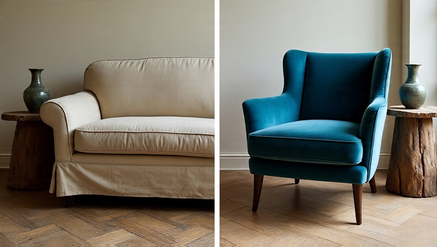 Side-by-side concept: aged neutral linen sofa patina versus refreshed jewel-toned chair
