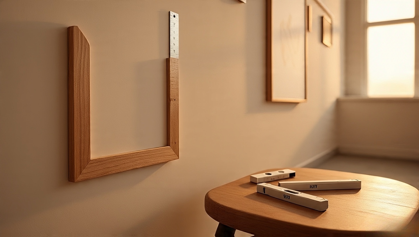 Practical gallery wall setup showing measured 5 to 6 cm spacing guides, level on frame and adhesive strips and hooks