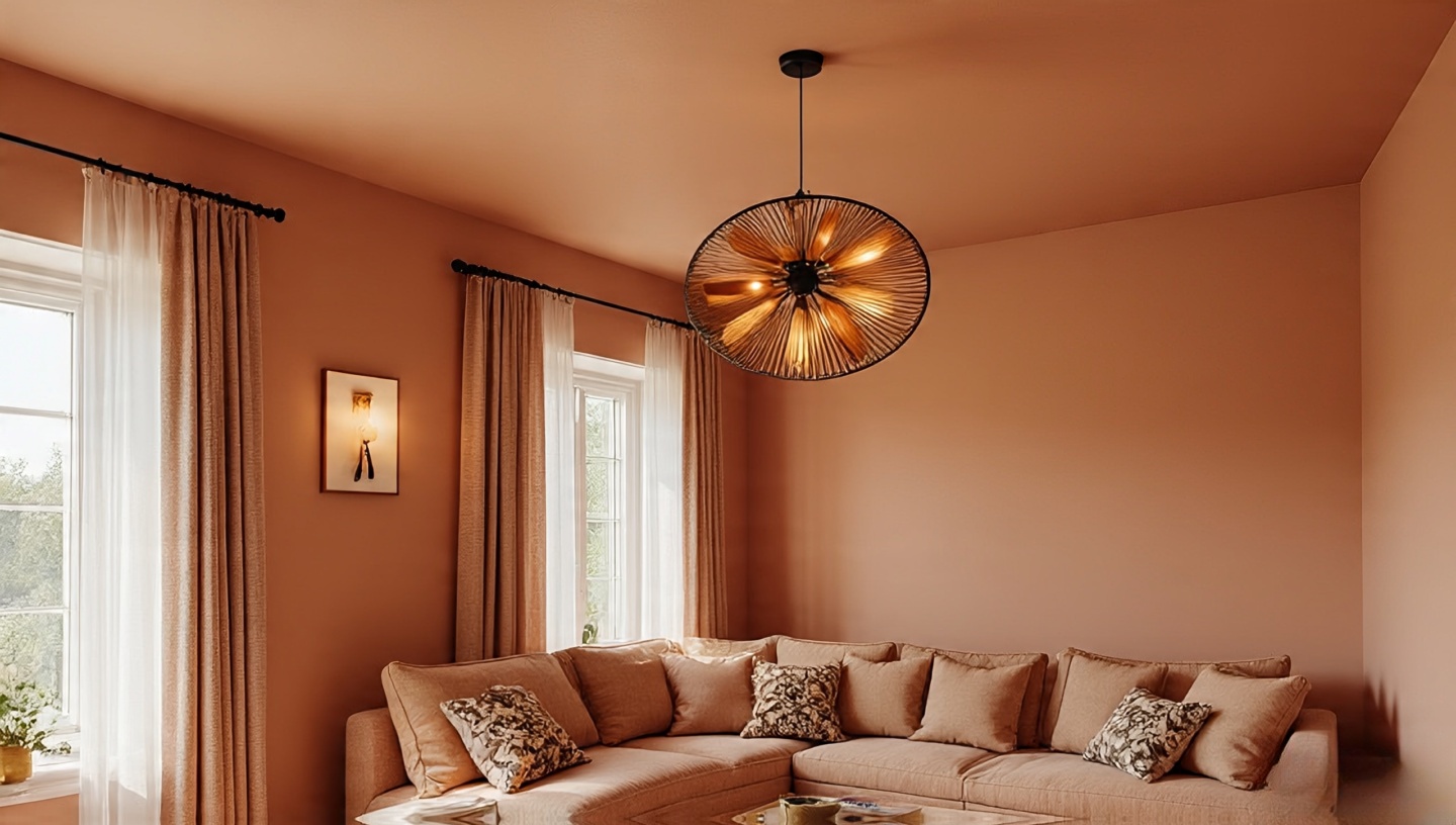 Statement ceiling in dusty peach with option for linen canopy in a reading corner and warm wood fan blades
