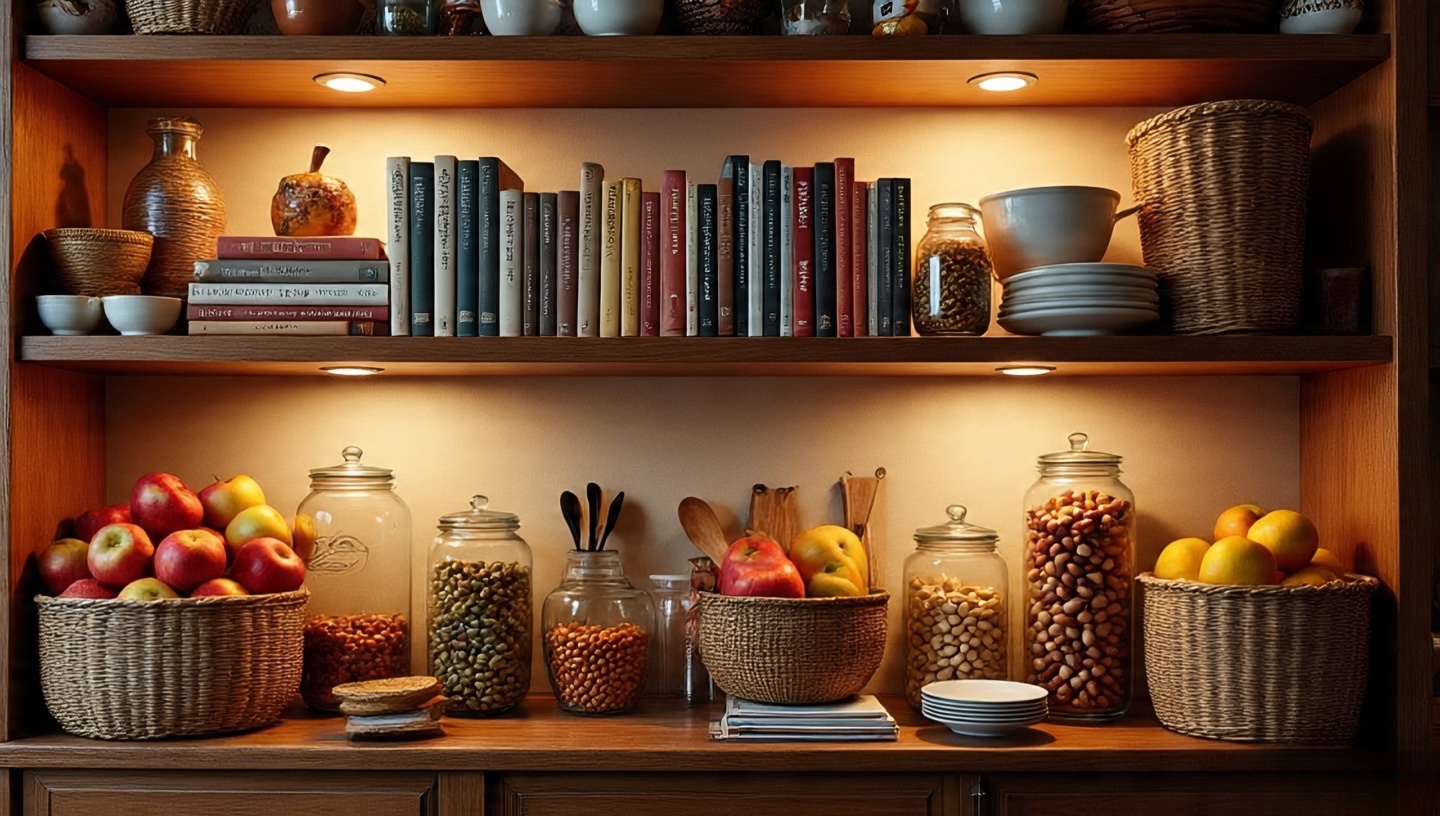 Open kitchen shelves with intentional clutter cookbooks, produce, and jars