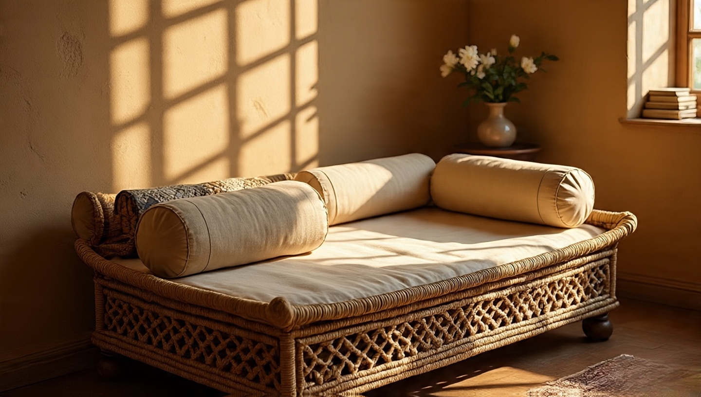 Traditional charpoy woven daybed with cotton topper and bolsters positioned near a window for lattice shadows