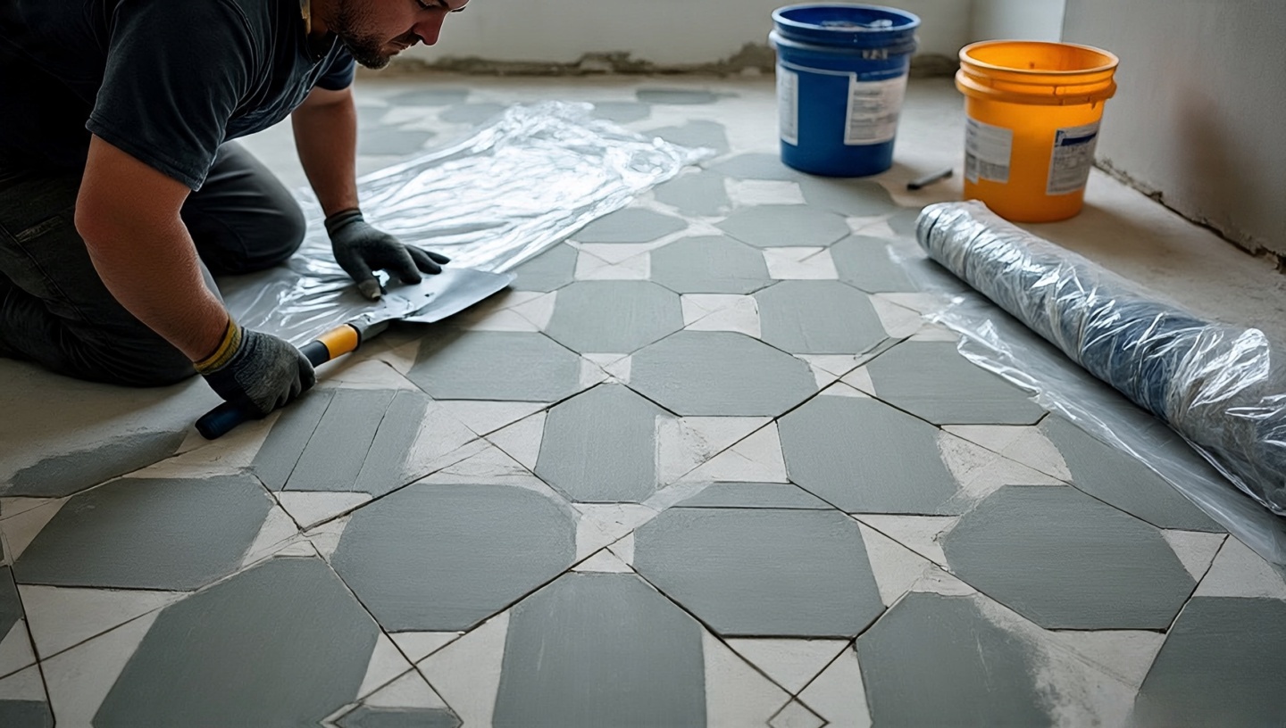 Professional installer working with artisan cement and zellige tiles