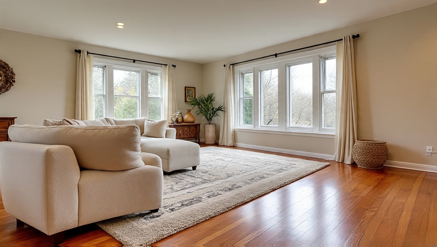 Open plan Boho living room defined by overlapping rugs and a low console divider with clear window sightlines