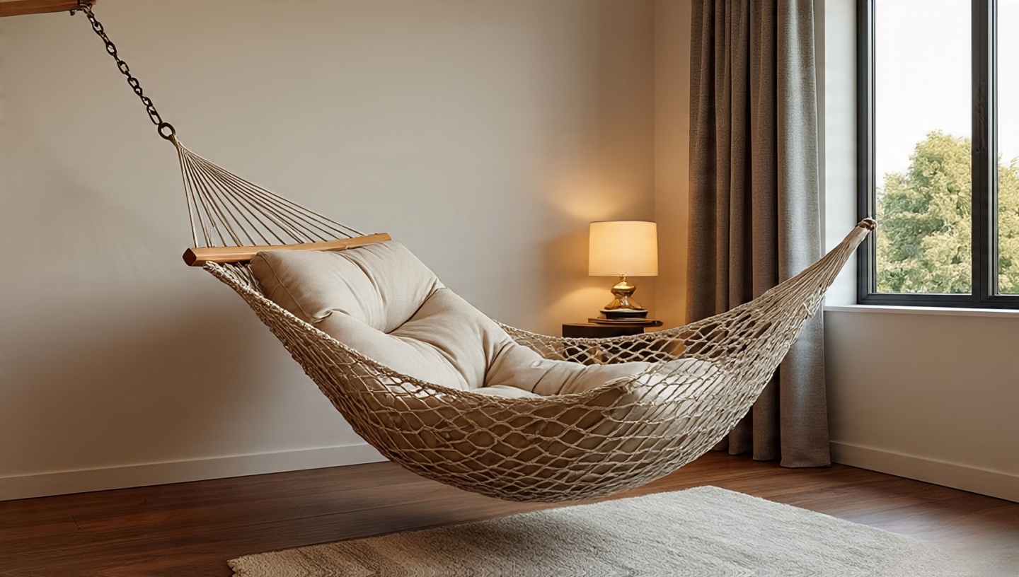Ceiling-mounted hammock chair with swivel hardware, safe clearances, and a comfy seat cushion in a Boho corner