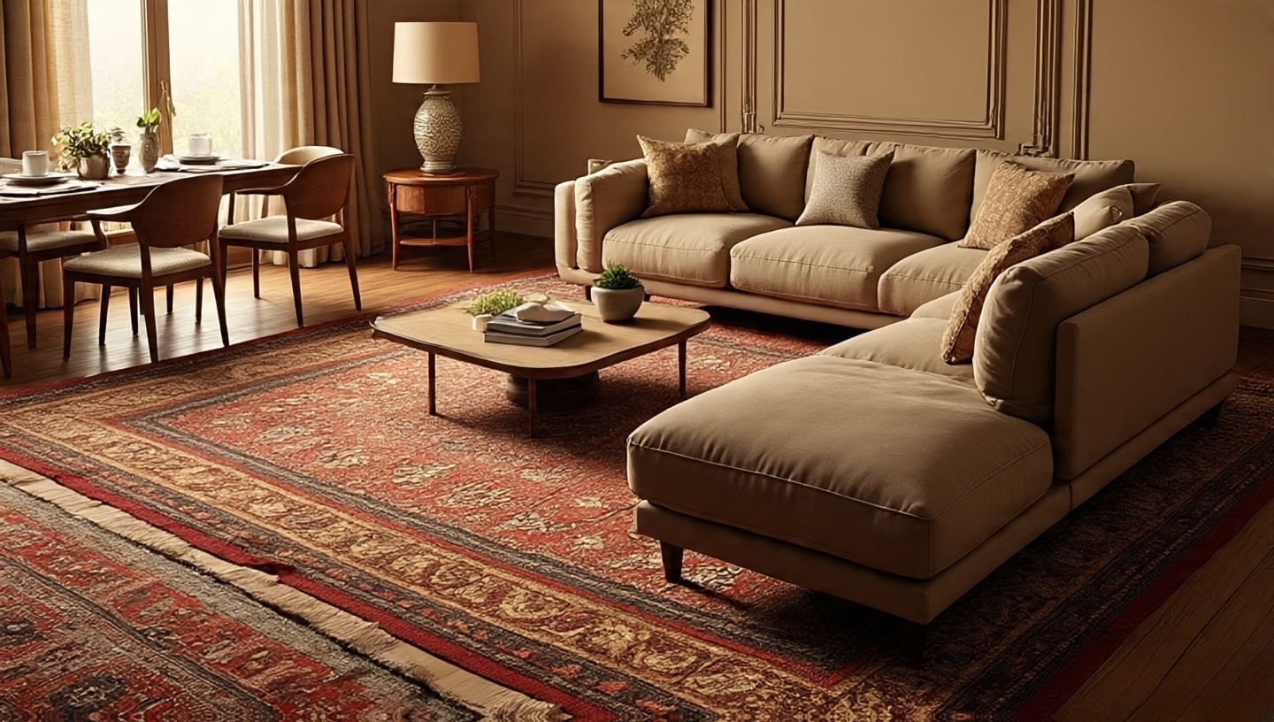 Top-down living room layout showing Moroccan rug borders, 18-inch walkways and 24-inch dining chair clearance