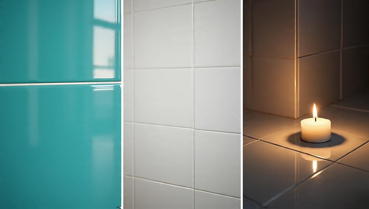 Comparison of the same tile wall under daylight, LED, and candlelight
