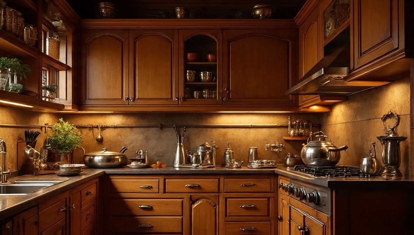 Cozy boho kitchen with brass hardware and warm metallic accents