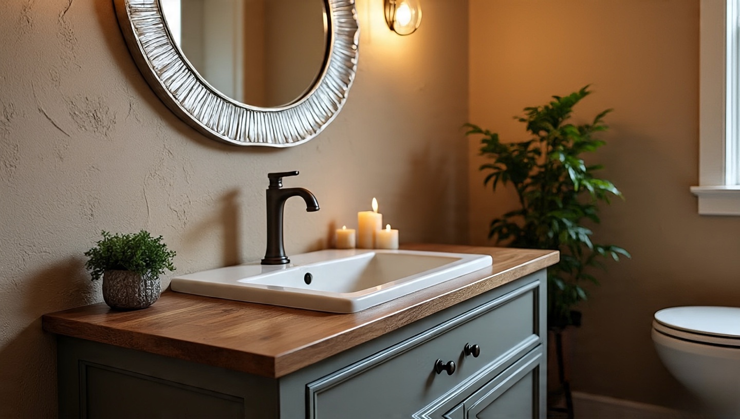 Mixed metals: brass faucet, silver mirror, black hooks in one vanity