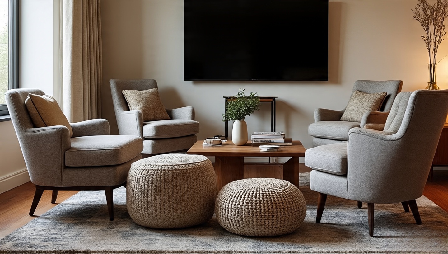 Conversation-friendly layout with inward-angled seating, proper distances to coffee table, and clear walkway