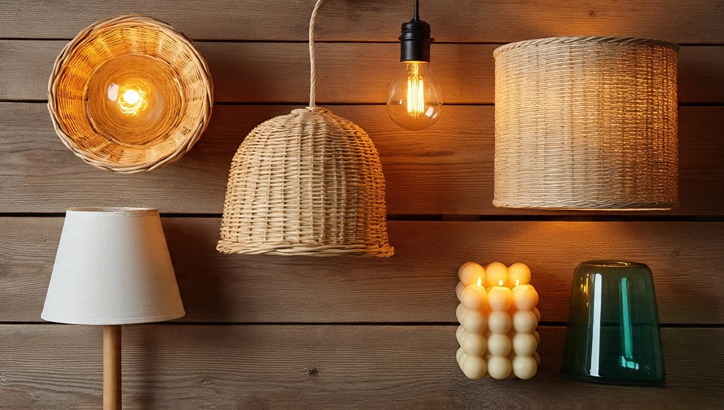 Flat lay of warm LED bulbs, rattan and linen shades, colored glass lamp and grouped candles for easy upgrades