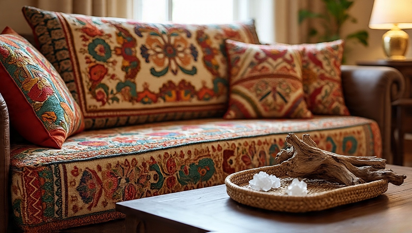 Boho sofa styled with an embroidered cushion, crystals and driftwood that spark conversation
