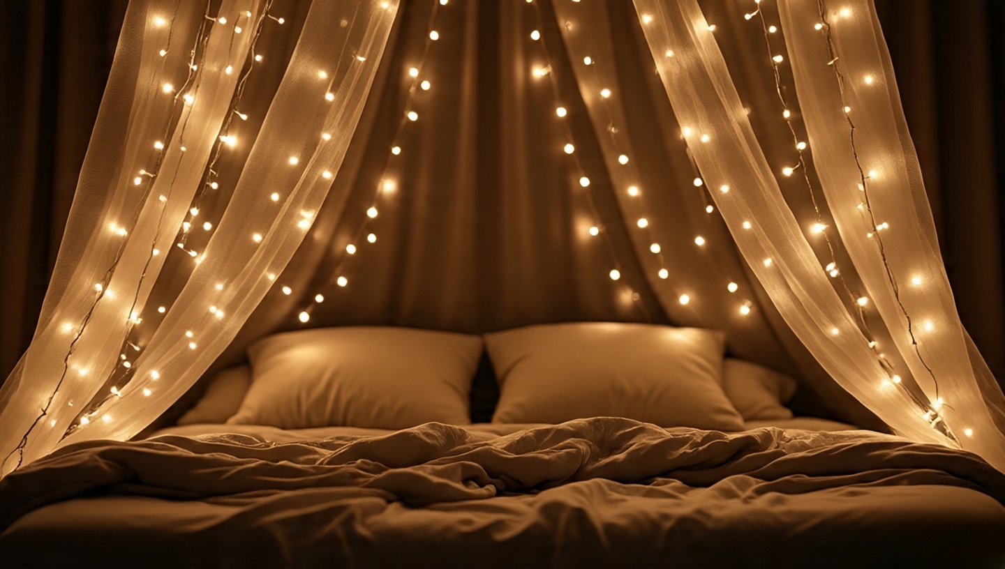Canopy bed draped with delicate string lights glowing like indoor starlight