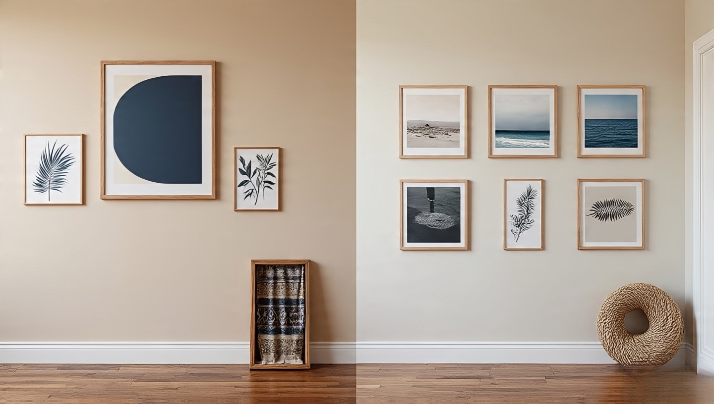 Twin vignette showing Warm Desert living room and Quiet Coastal hallway gallery wall plans with correct spacing and eye-level centers