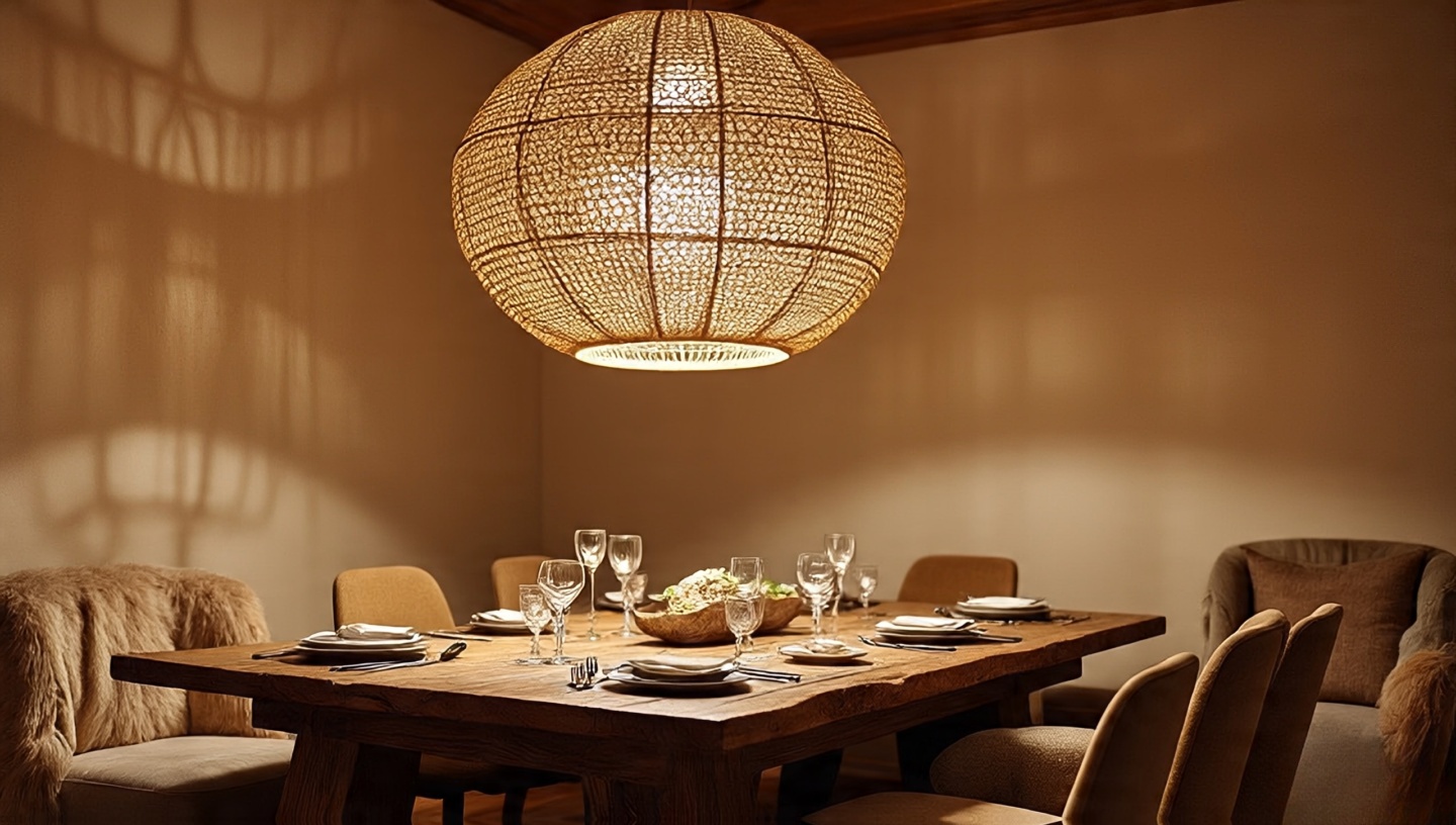 Dining table centered under an oversized woven statement pendant