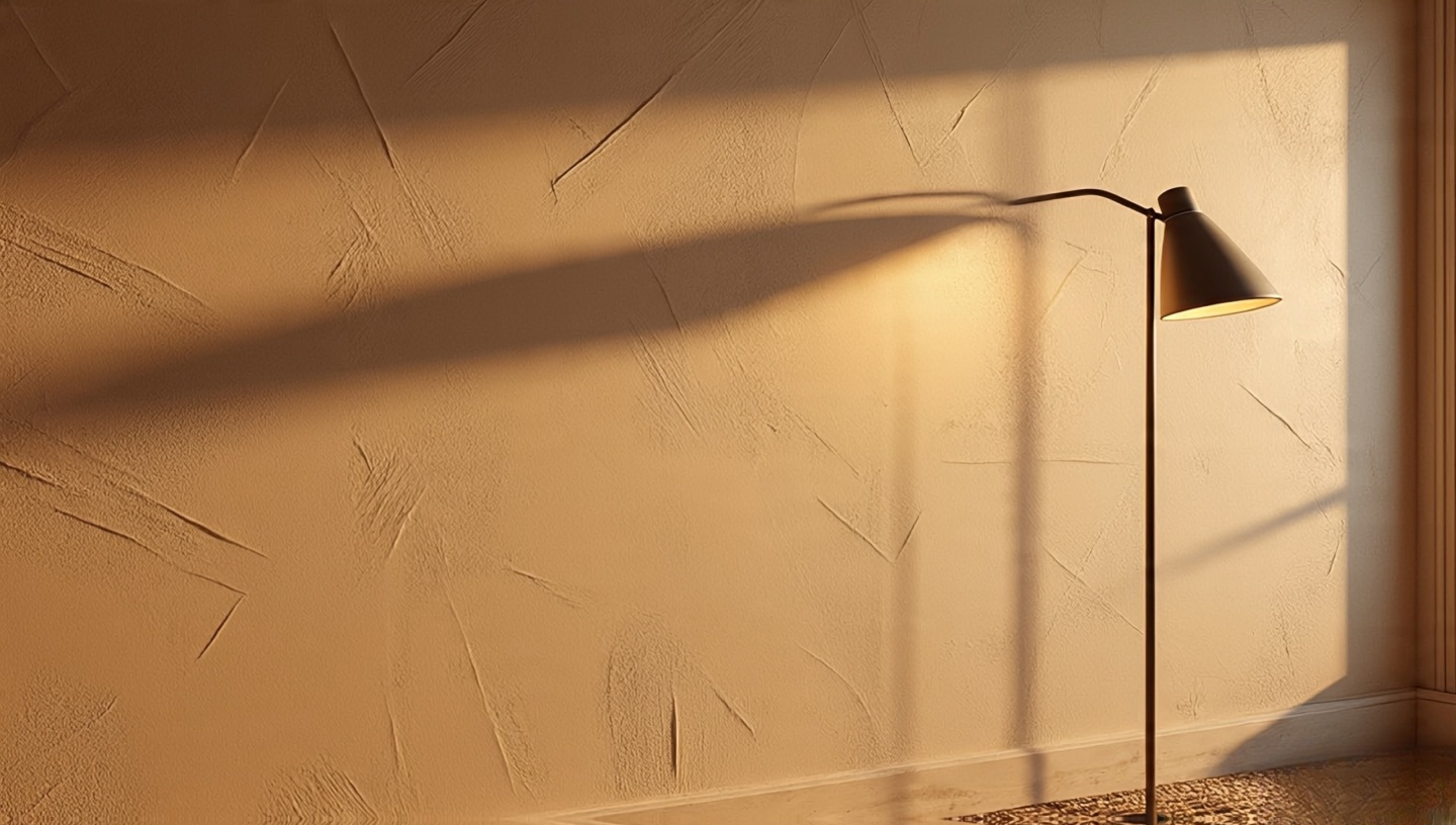 Limewash or clay-painted accent wall with visible brush movement grazed by a narrow-beam lamp